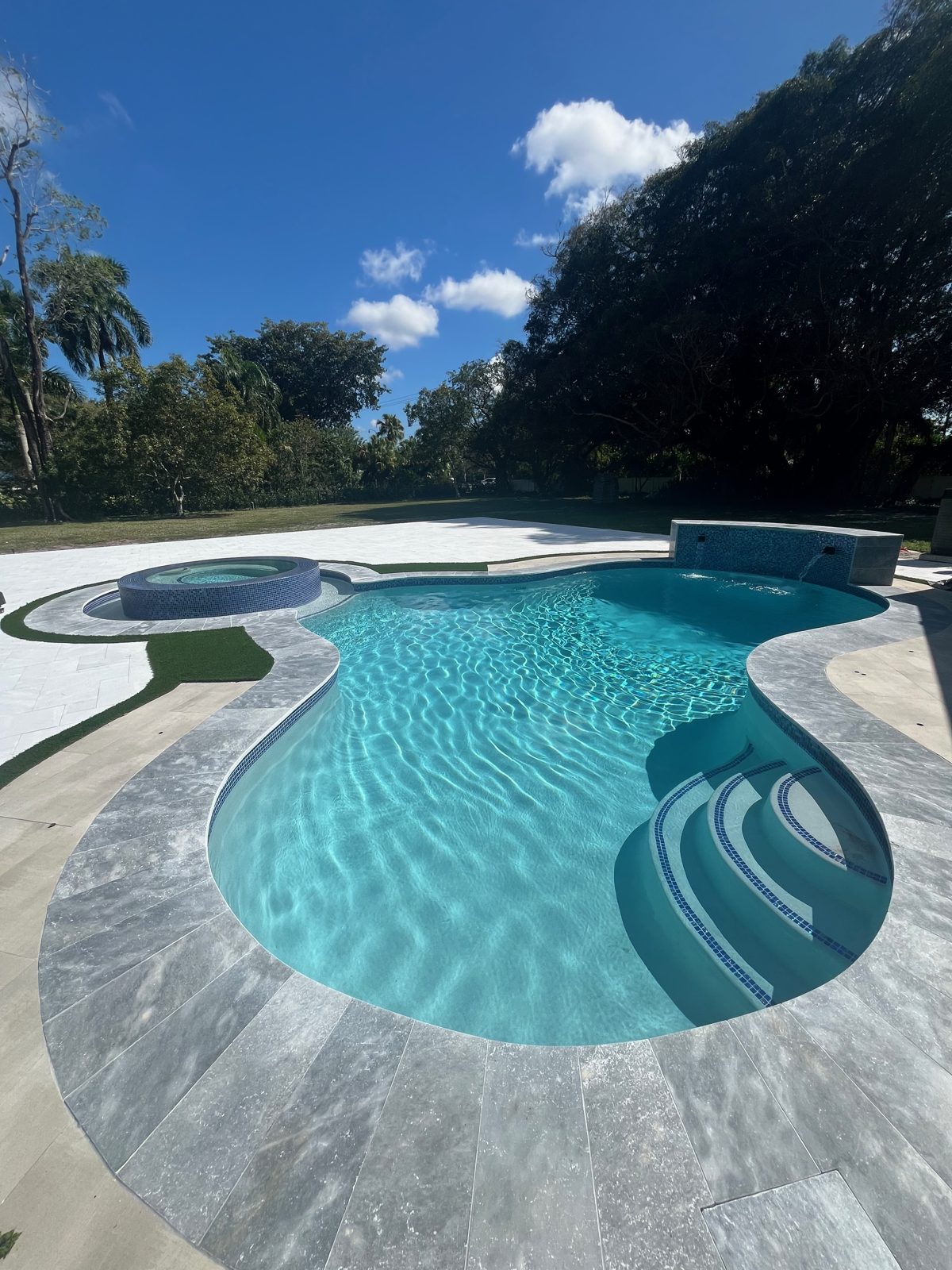 Freeform pool in Plantation with a new raised radius spa and turf accents